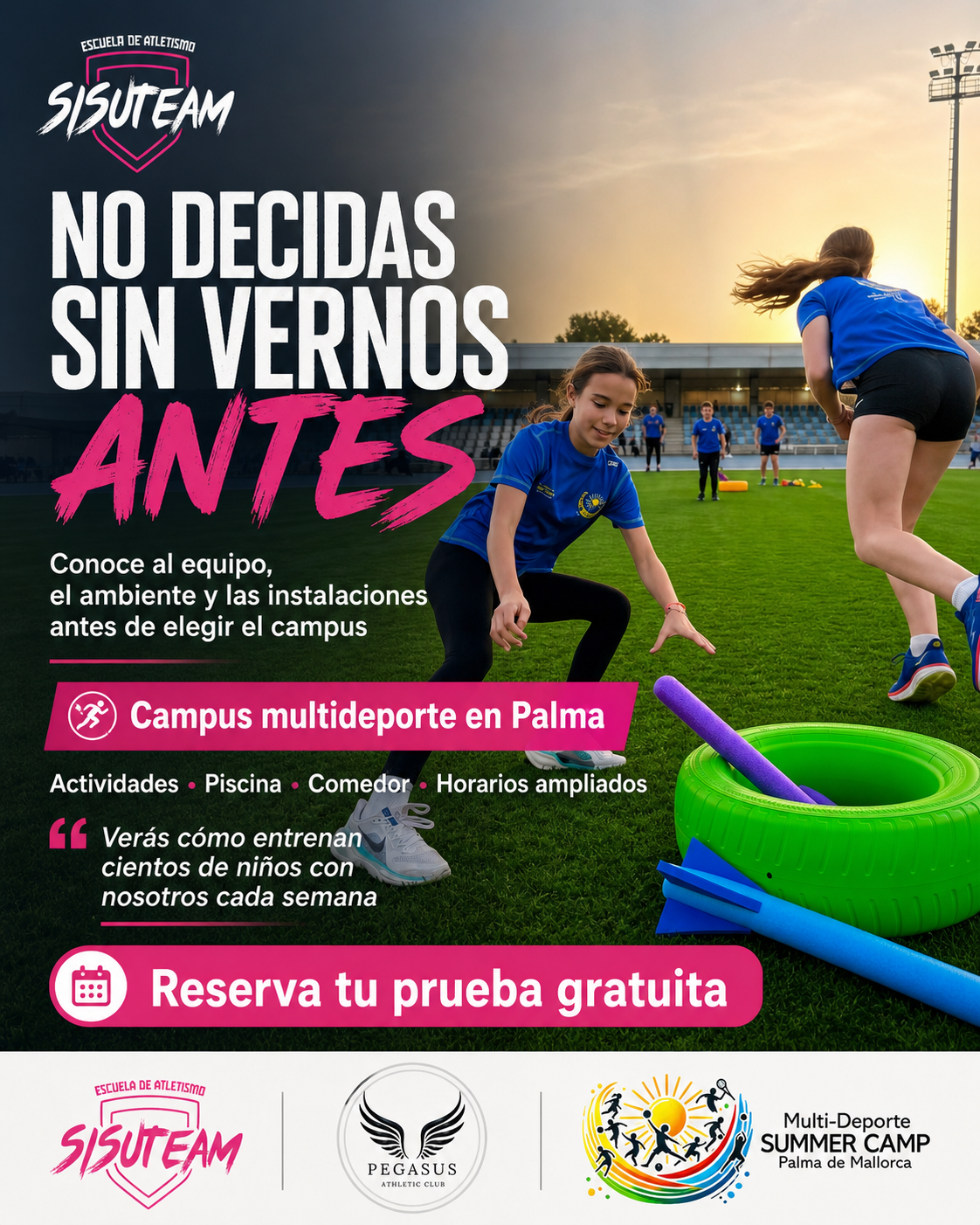 Niños entrenando en escuela de atletismo SISU en Palma antes de apuntarse al campus de verano multideporte